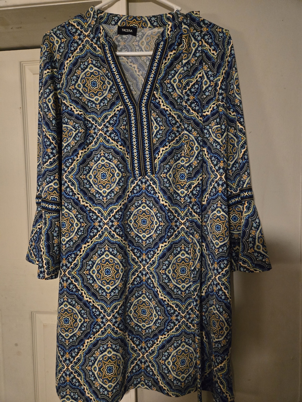 Tacera Blue and Cream Geometric V-Neck Long Sleeve Dress, Sz S-M
